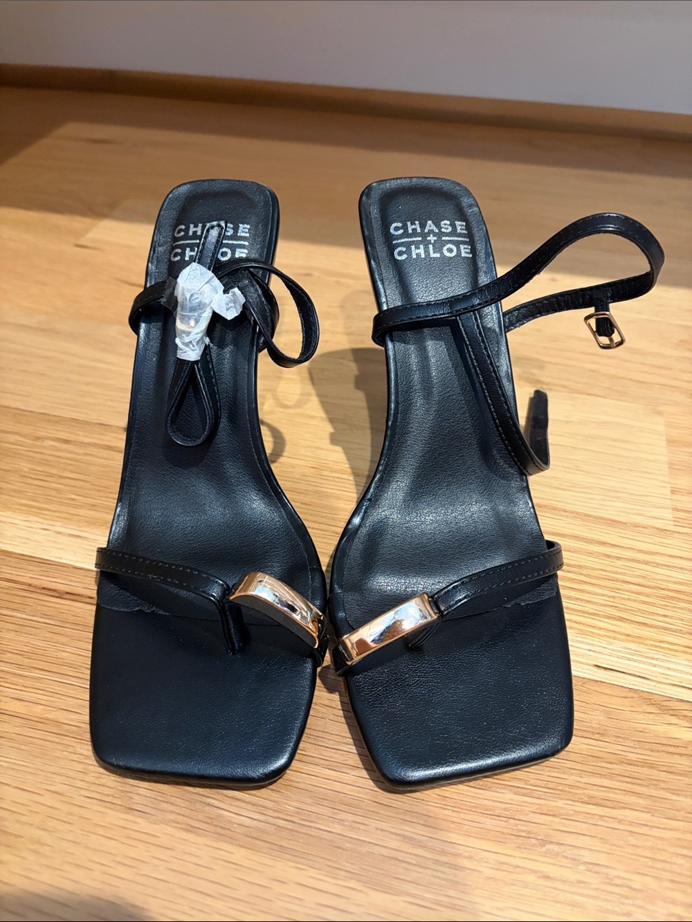 Chase + Chloe (from vestique) Black Strappy Heeled Sandals with Gold Buckle